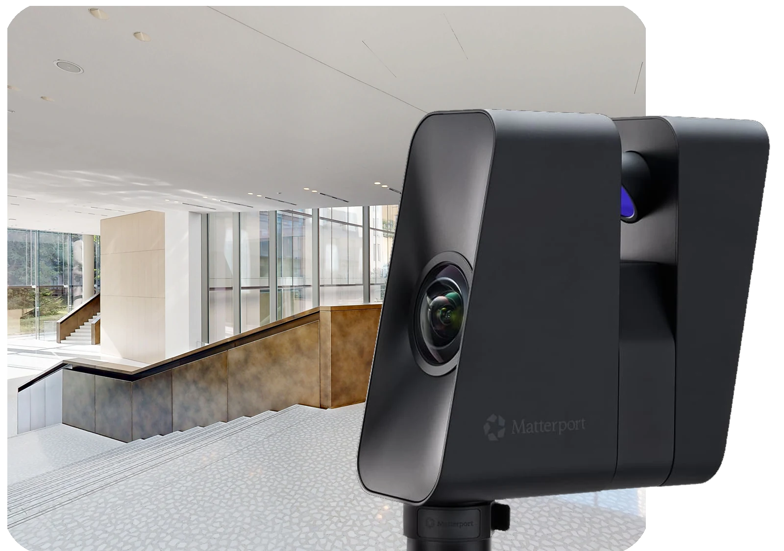 Scanner Matterport Pro3 che esce da un riquadro con spazio digitalizzato